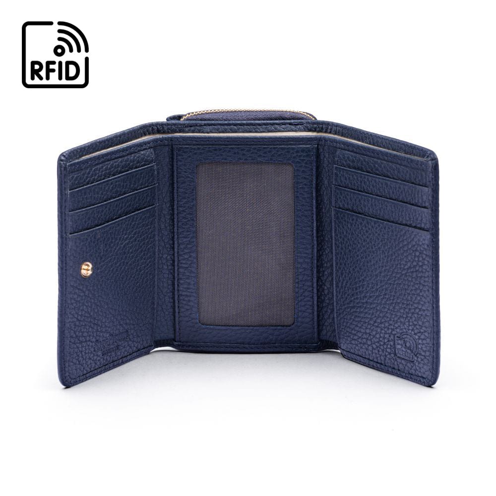 RFID blocking leather tri-fold purse, navy, inside