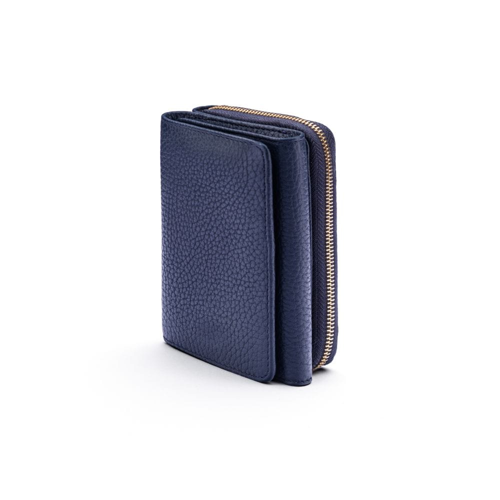 RFID blocking leather tri-fold purse, navy, front