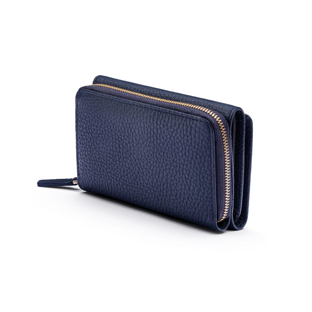 RFID blocking leather tri-fold purse, navy, back