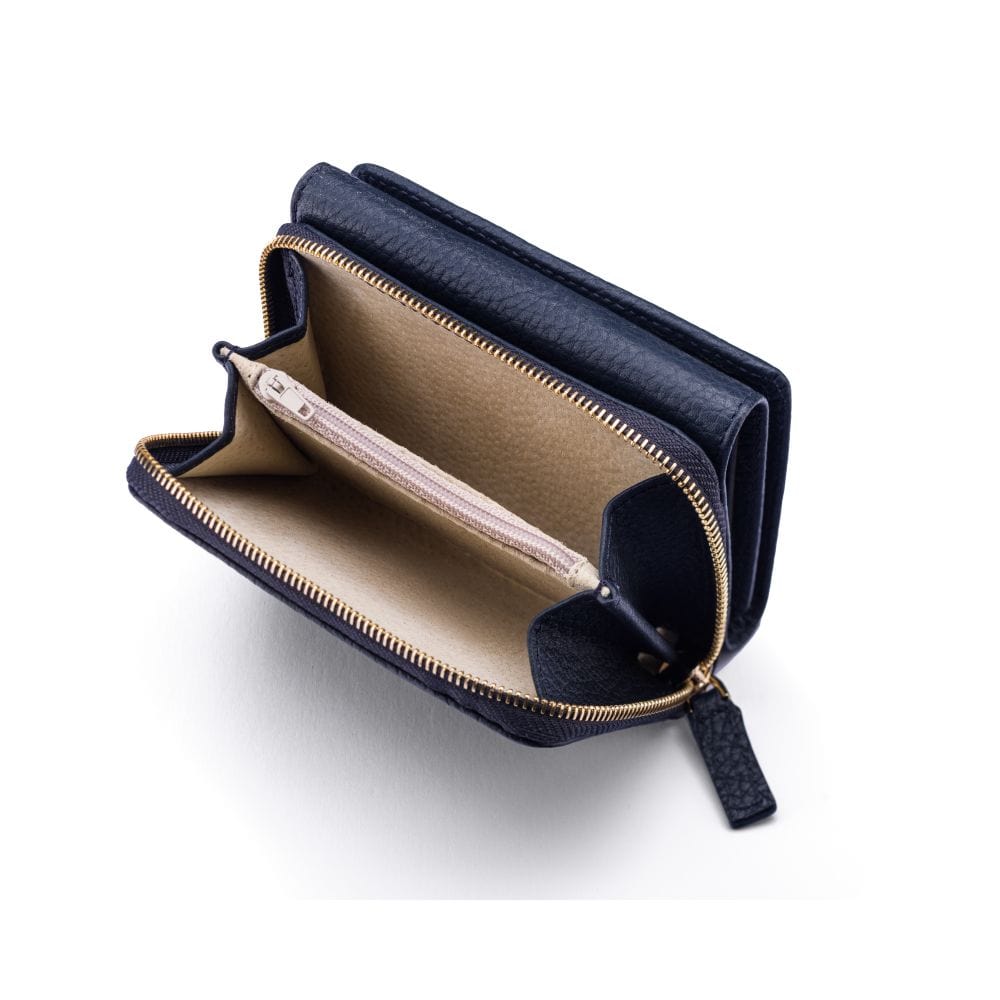 RFID blocking leather tri-fold purse, navy, open