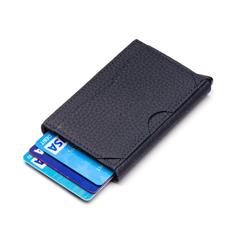 RFID pop-up credit card case, navy, rear view