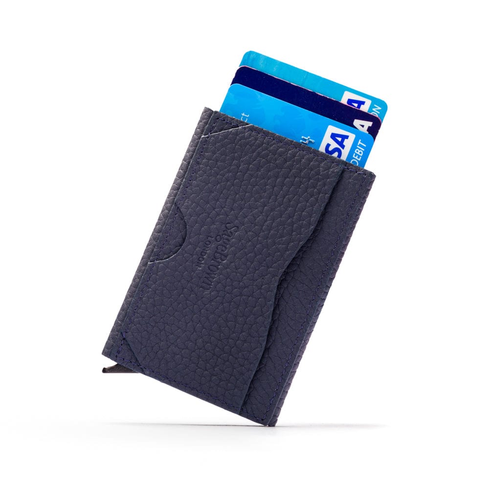 RFID pop-up credit card case, navy, reverse view