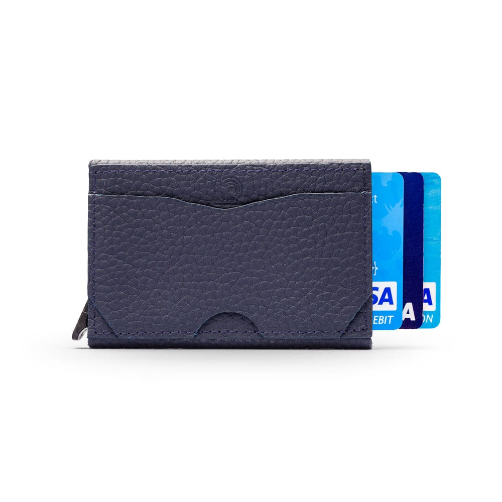 RFID pop-up credit card case, navy, front view