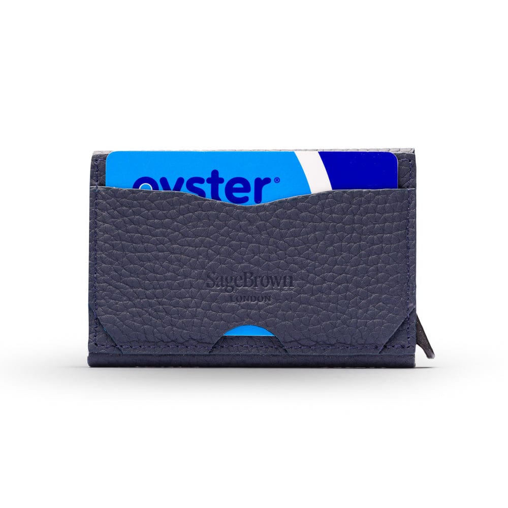 RFID pop-up credit card case, navy, reverse view