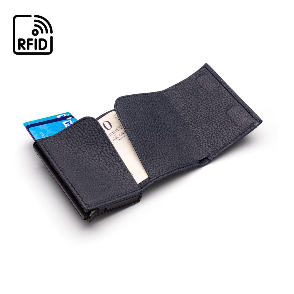 RFID wallet with pop-up credit card case, navy, inside view