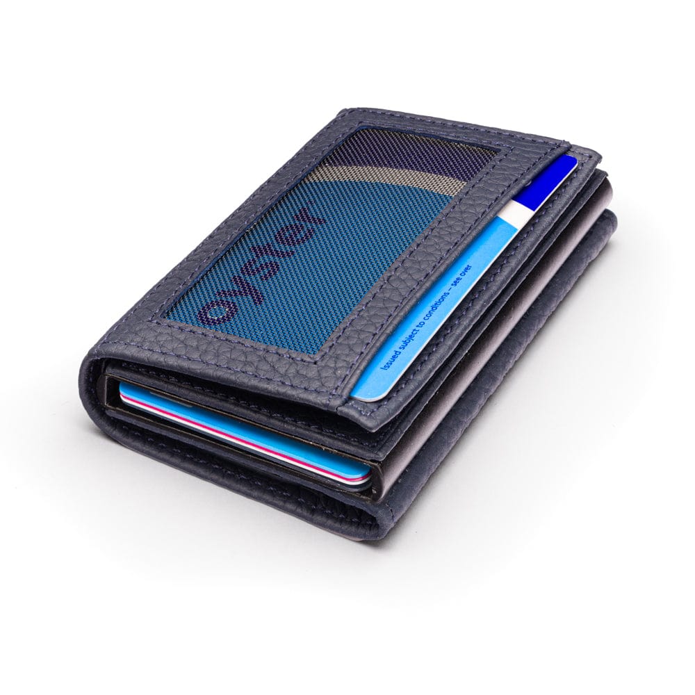 RFID wallet with pop-up credit card case, navy, front view