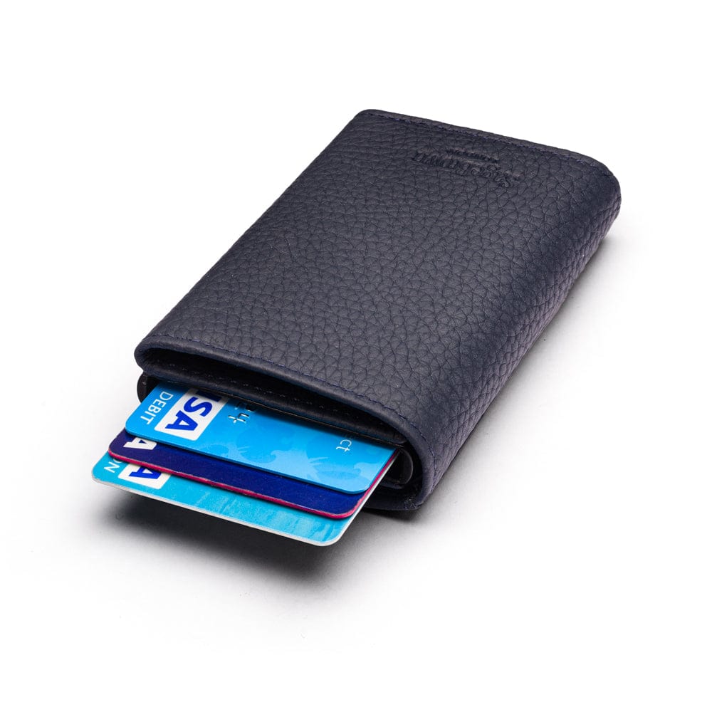 RFID wallet with pop-up credit card case, navy, back view