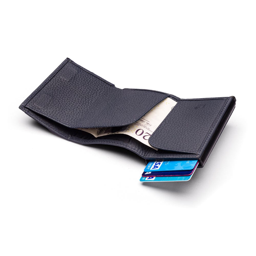 RFID wallet with pop-up credit card case, navy, open view