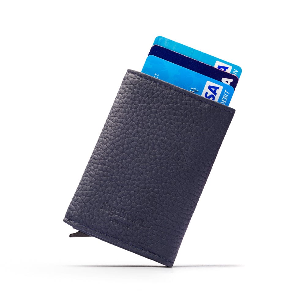 RFID wallet with pop-up credit card case, navy, rear view