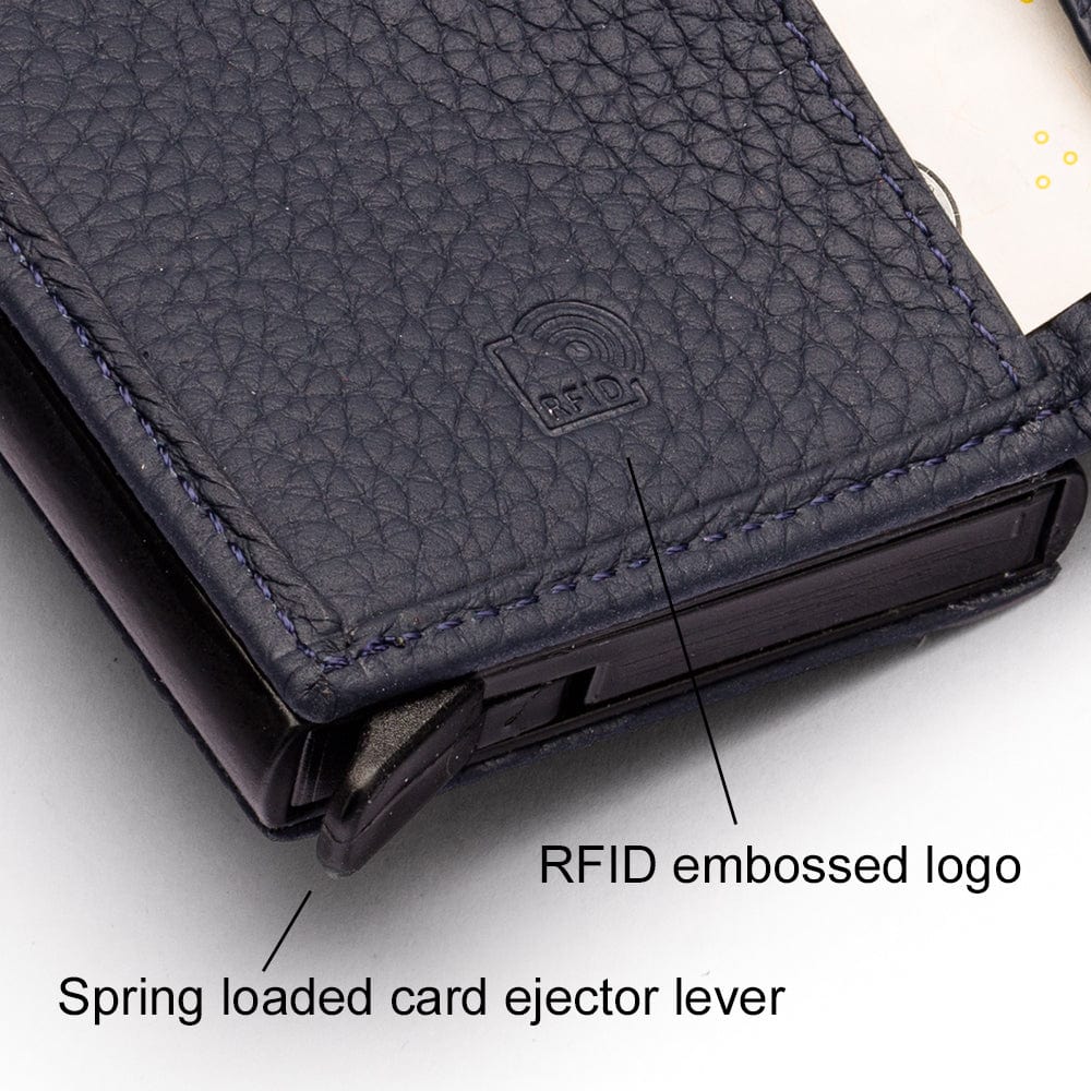 RFID wallet with pop-up credit card case, navy, close up view