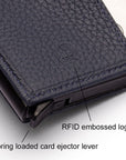 RFID wallet with pop-up credit card case, navy, close up view