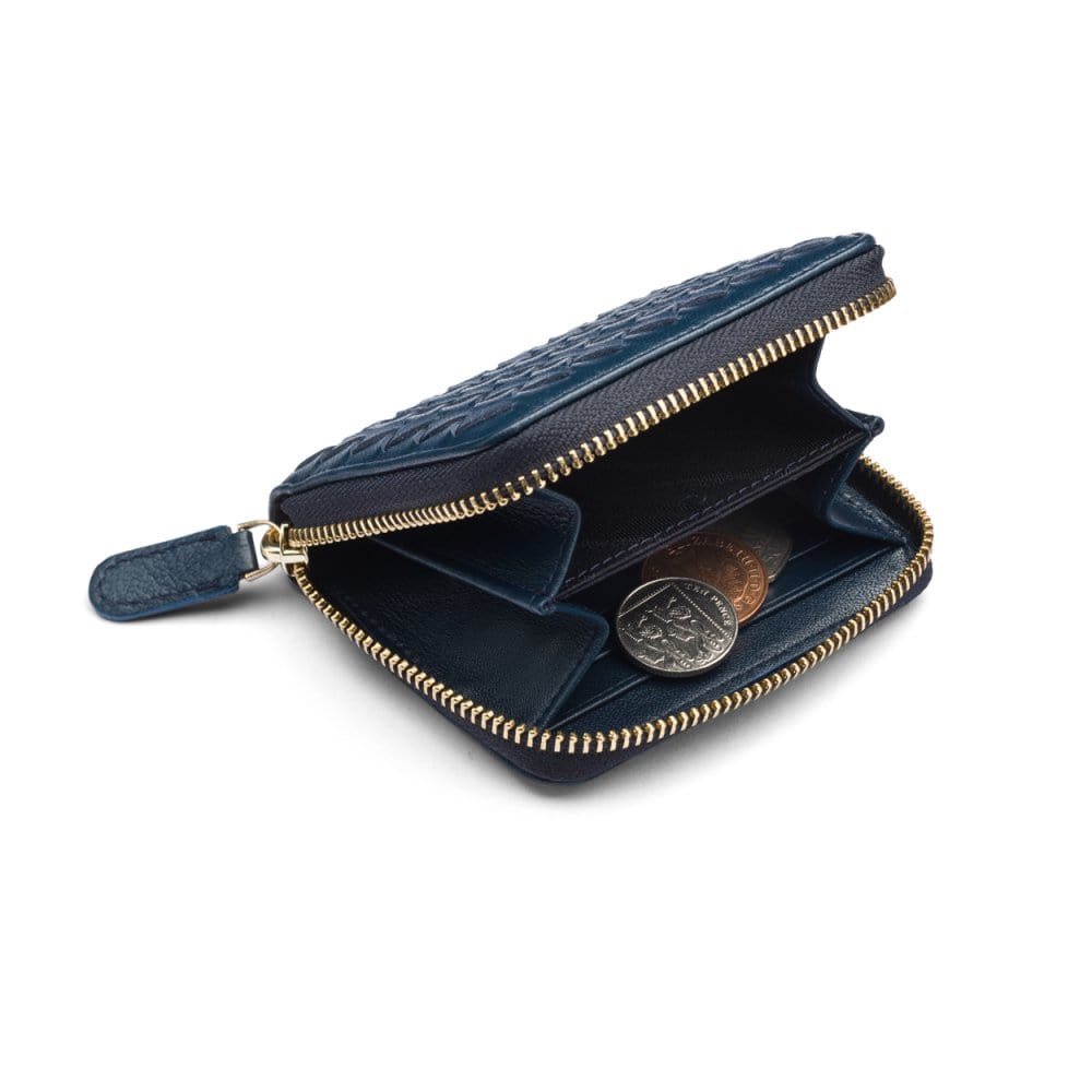 Small zip around woven leather accordion purse, navy, inside