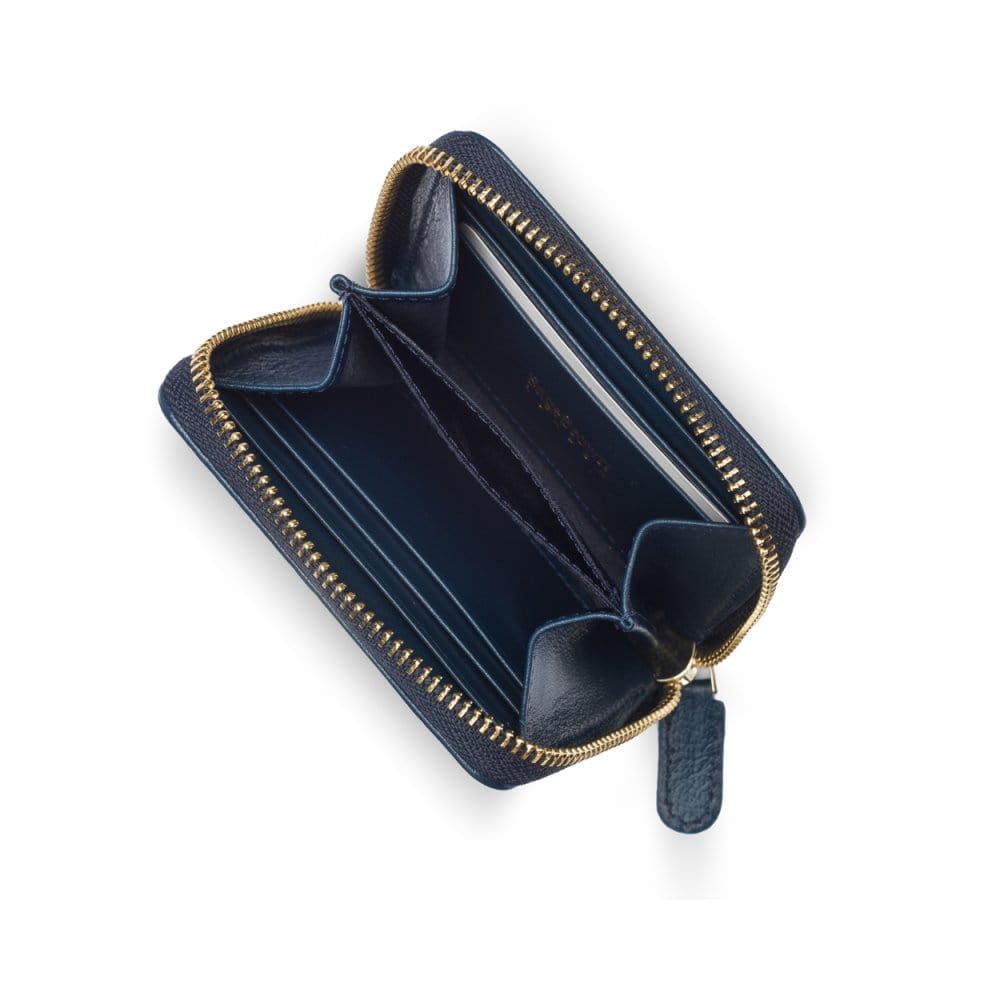 Small zip around woven leather accordion purse, navy, interior