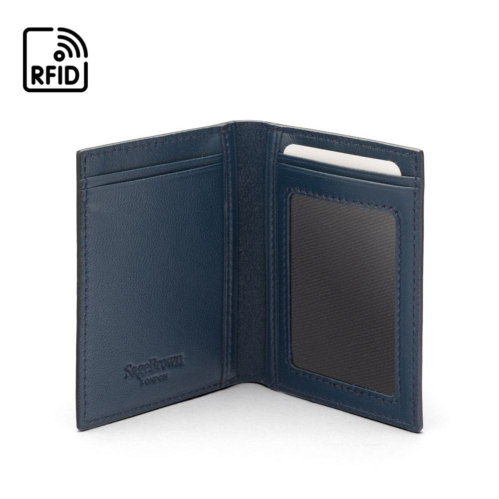 RFID Credit Card Wallet in navy leather, inside view