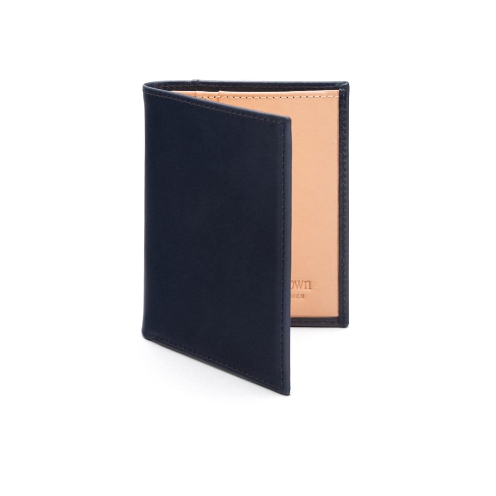 Two tone compact leather billfold wallet with 4 cc, navy, front