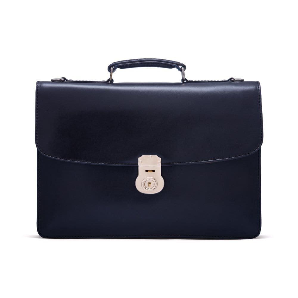 Leather briefcase with silver brass lock, Harvard vintage look, navy, front