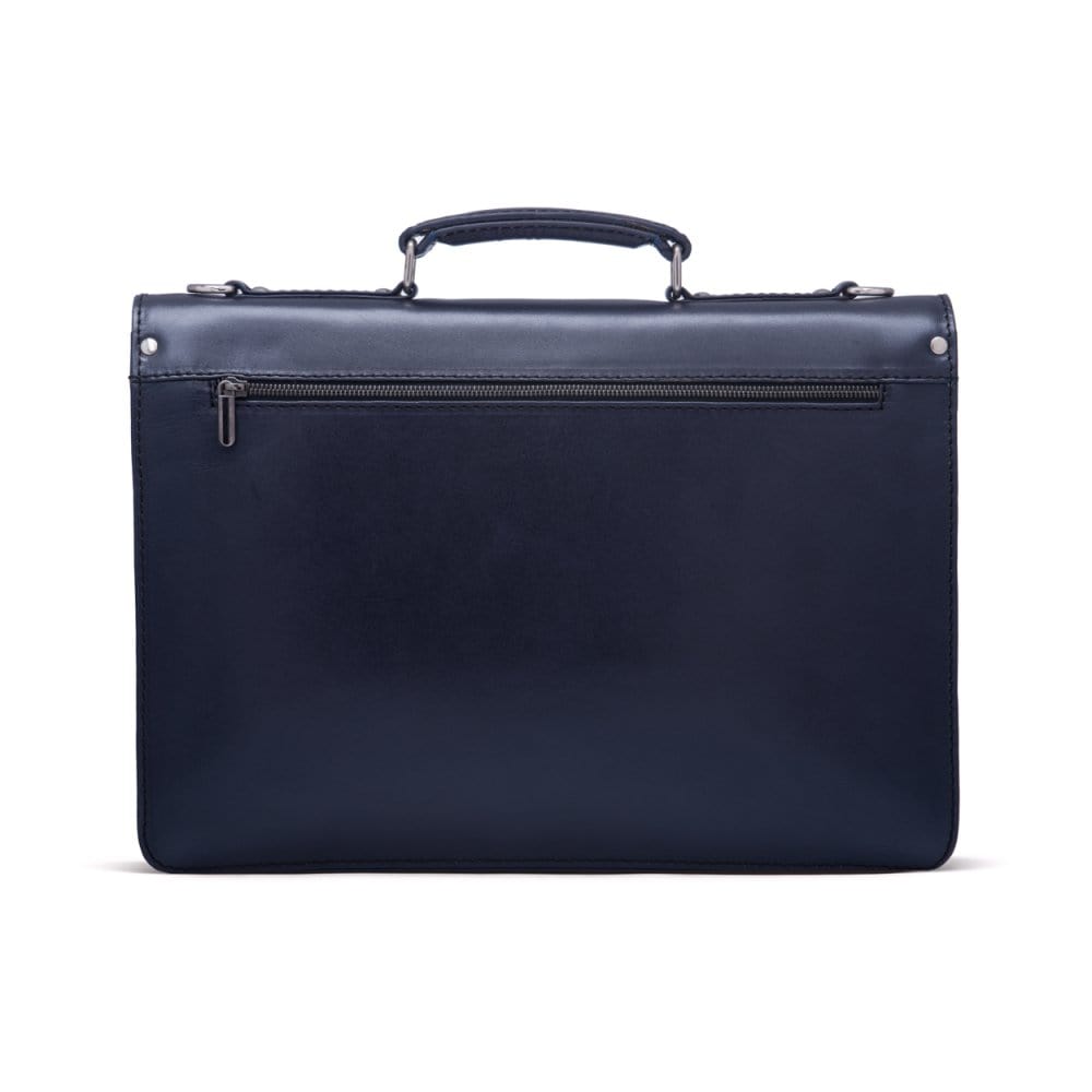 Leather briefcase with silver brass lock, Harvard vintage look, navy, back