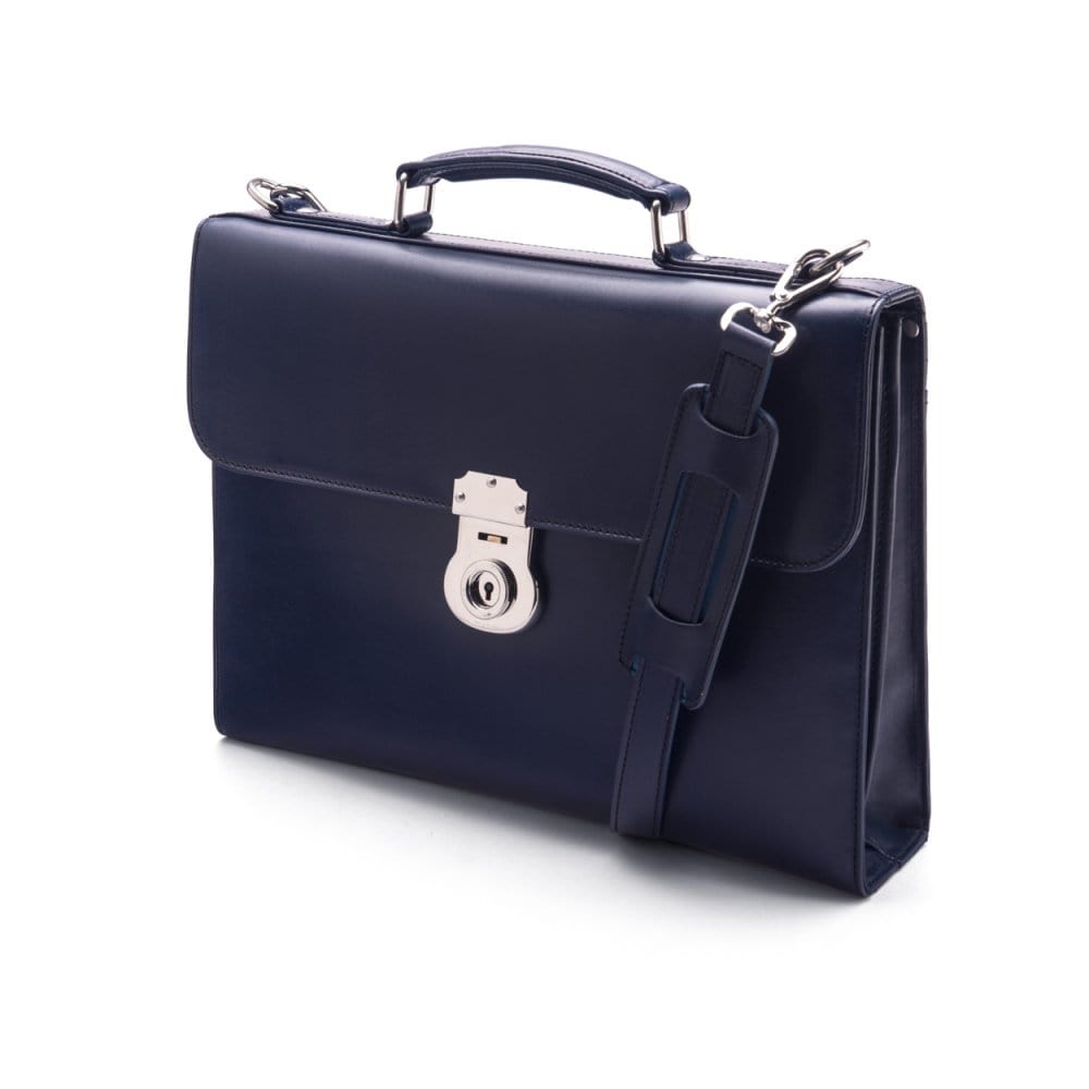 Navy Vintage Leather Wall Street Briefcase With Silver Brass Lock
