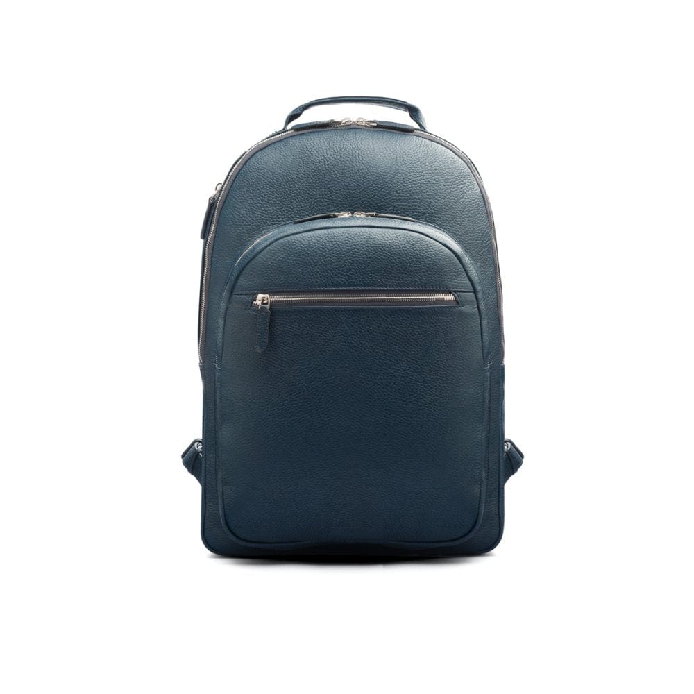 Men's leather 15" laptop backpack, navy pebble grain, front