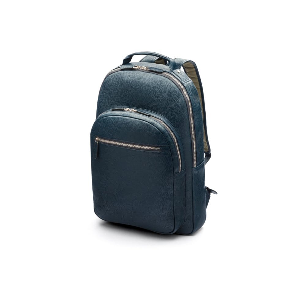 Men's leather 15" laptop backpack, navy pebble grain, side