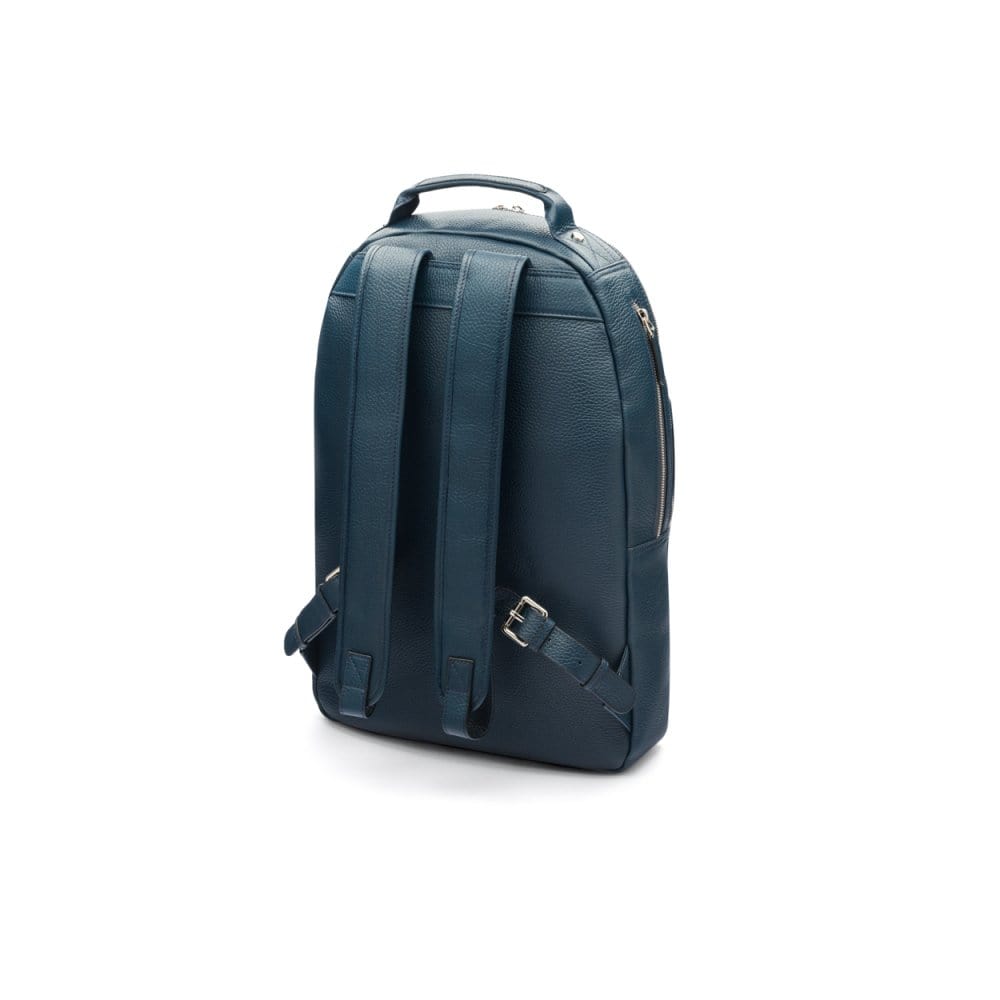 Men's leather 15" laptop backpack, navy pebble grain, back view
