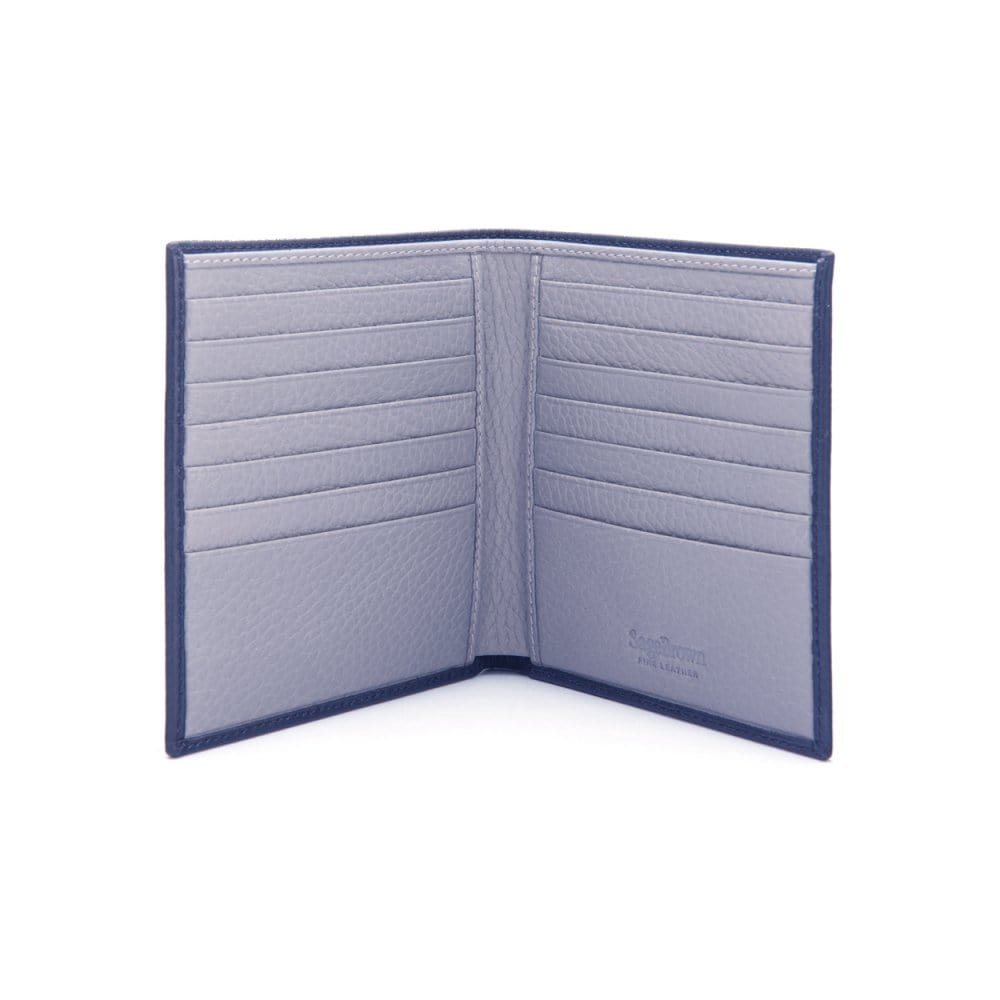 3/4 height leather wallet 14 CC, navy with grey, open