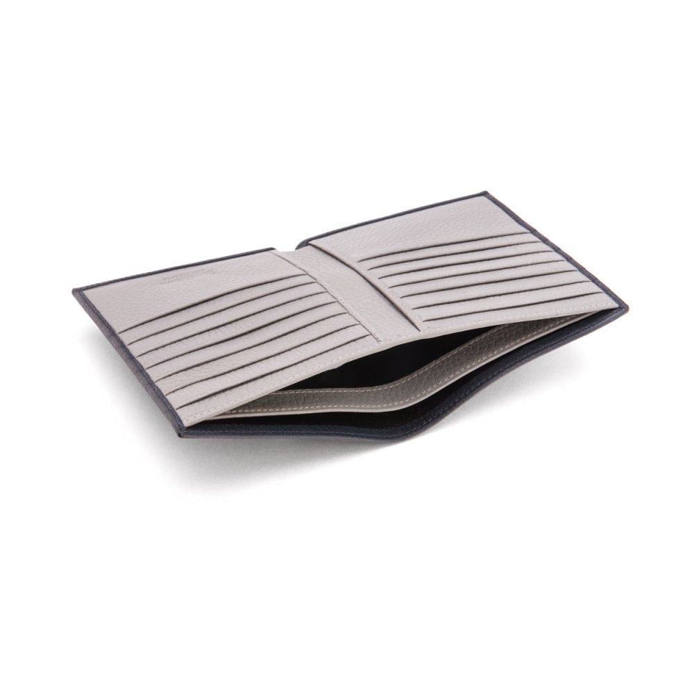 3/4 height leather wallet 14 CC, navy with grey, inside