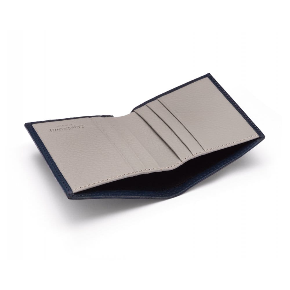 RFID leather wallet with 4 CC, navy with grey, inside