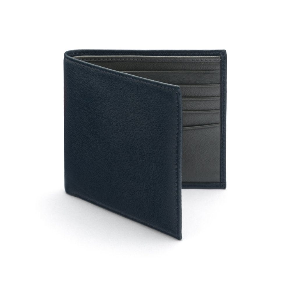 Soft leather wallet with RFID blocking, navy with grey, front