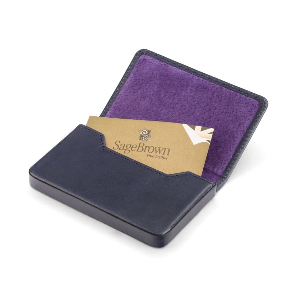 Leather business card holder with magnetic closure, navy, inside