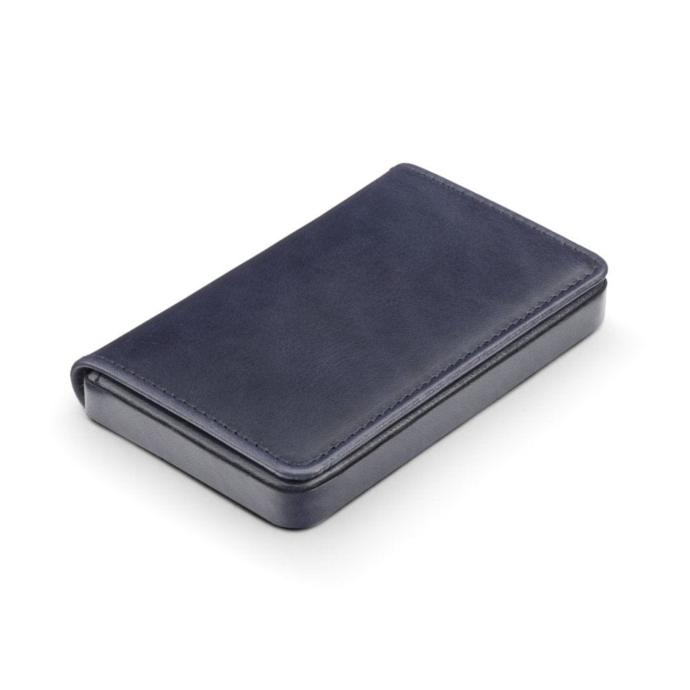 Leather business card holder with magnetic closure, navy, side