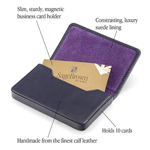 Leather business card holder with magnetic closure, navy, features