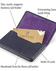 Leather business card holder with magnetic closure, navy, features