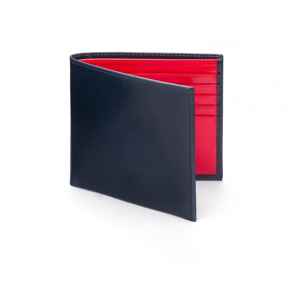 Men's bridle hide wallet, navy with red, front