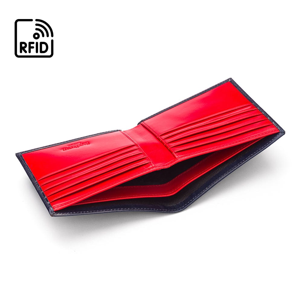 RFID wallet in navy with red bridle leather, inside view