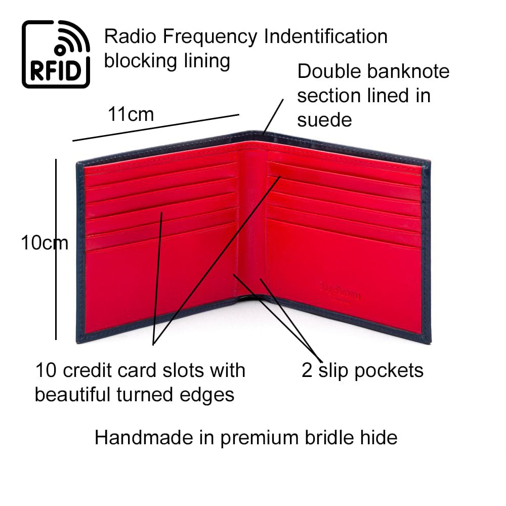 RFID wallet in navy with red bridle leather, features