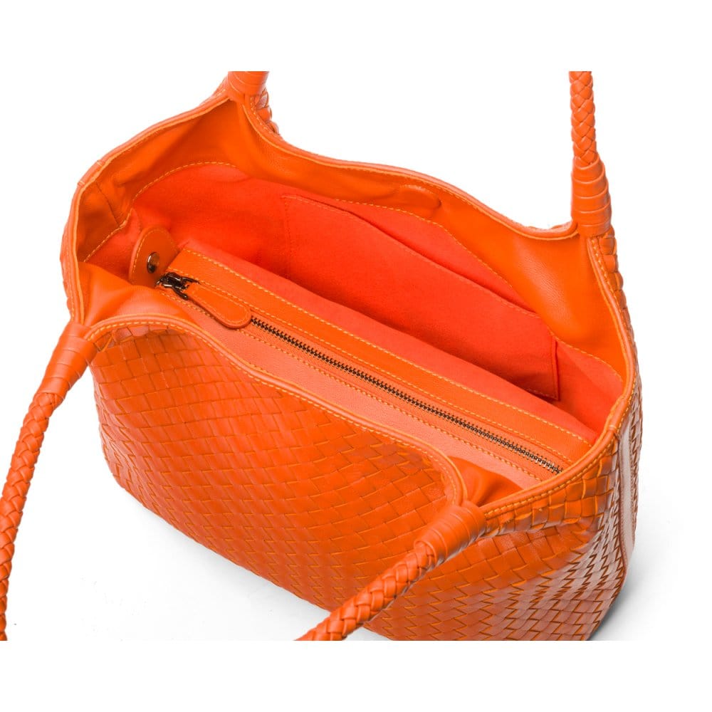 Woven leather shoulder bag, orange, inside