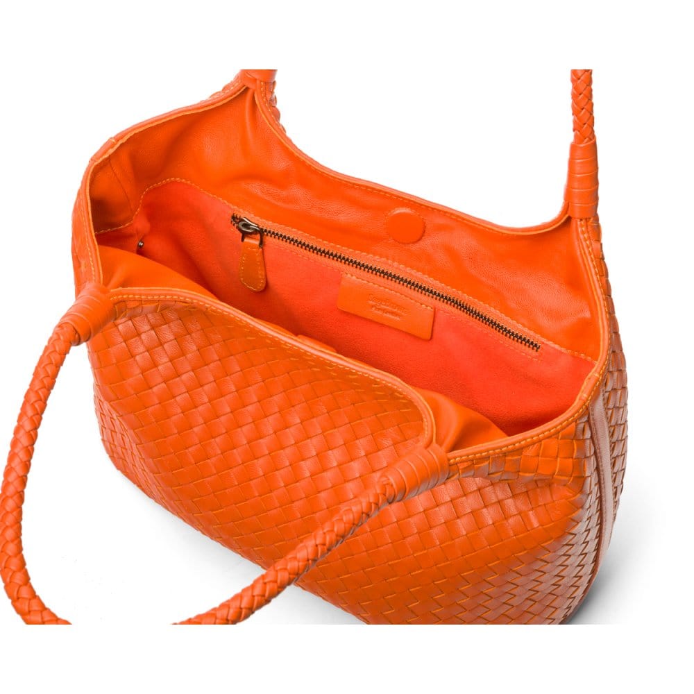 Woven leather shoulder bag, orange, open