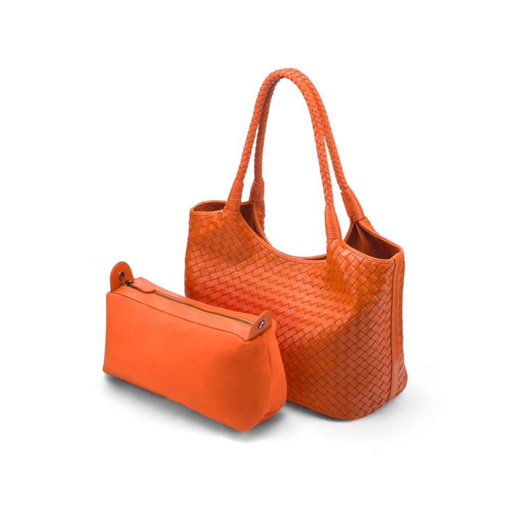 Woven leather shoulder bag, orange, with detachable inner bag