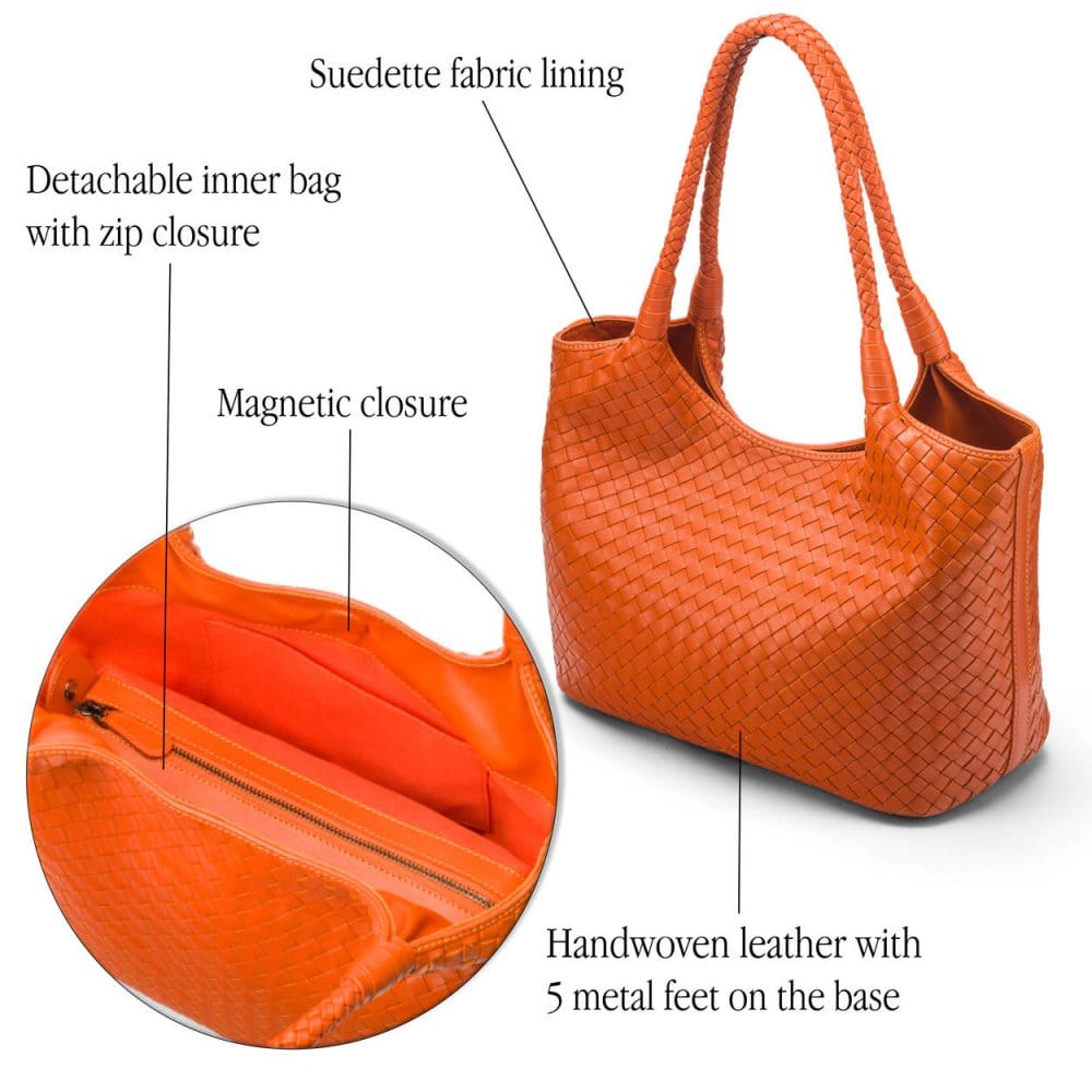 Woven leather shoulder bag, orange, features