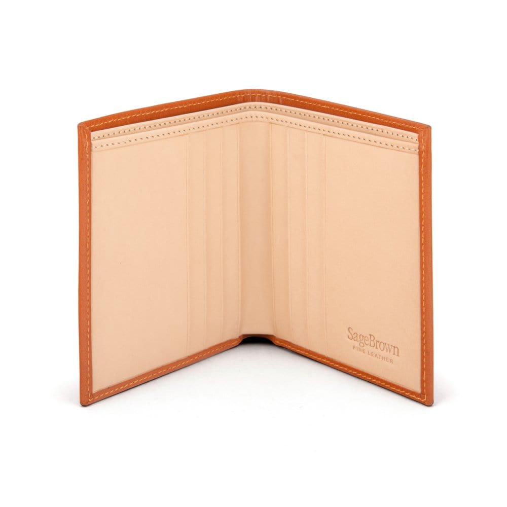 Bifold leather wallet with 6 credit cards, orange, open