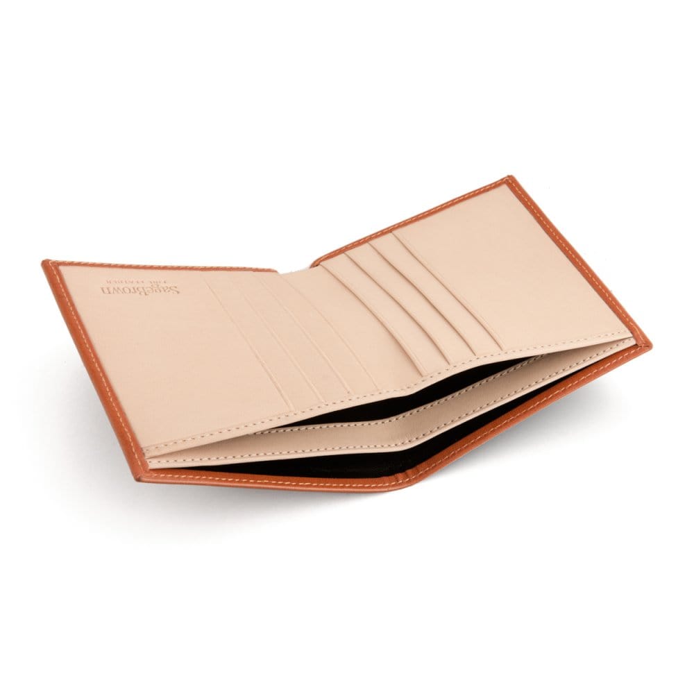 Bifold leather wallet with 6 credit cards, orange, inside