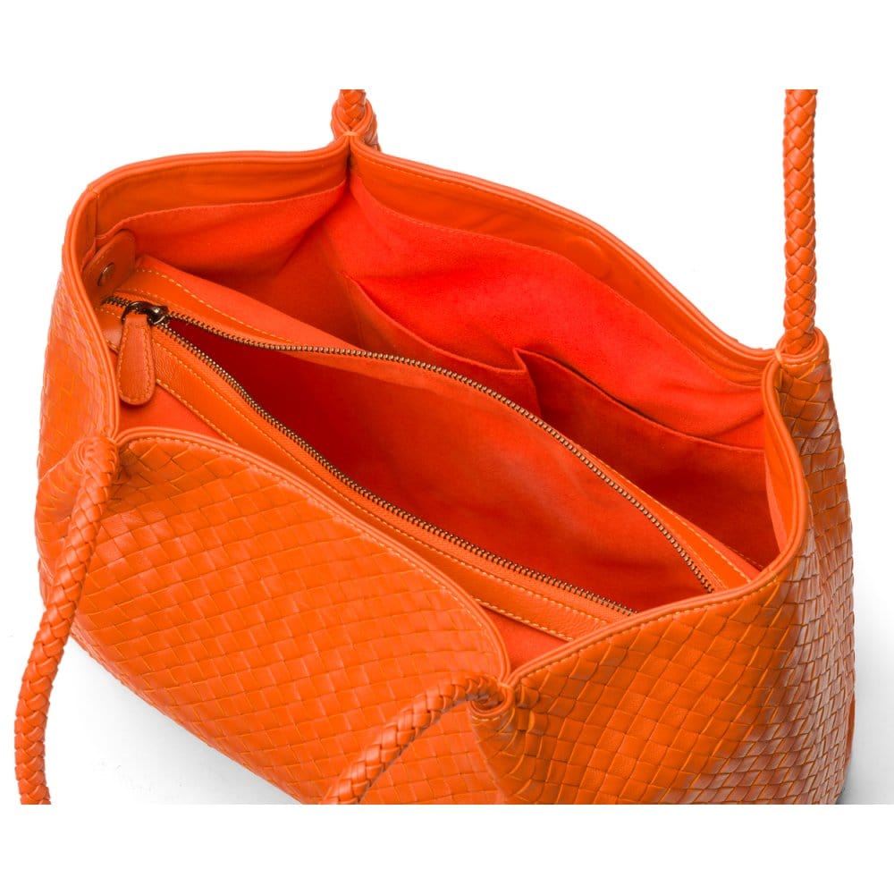 Woven leather slouchy bag, orange, inside