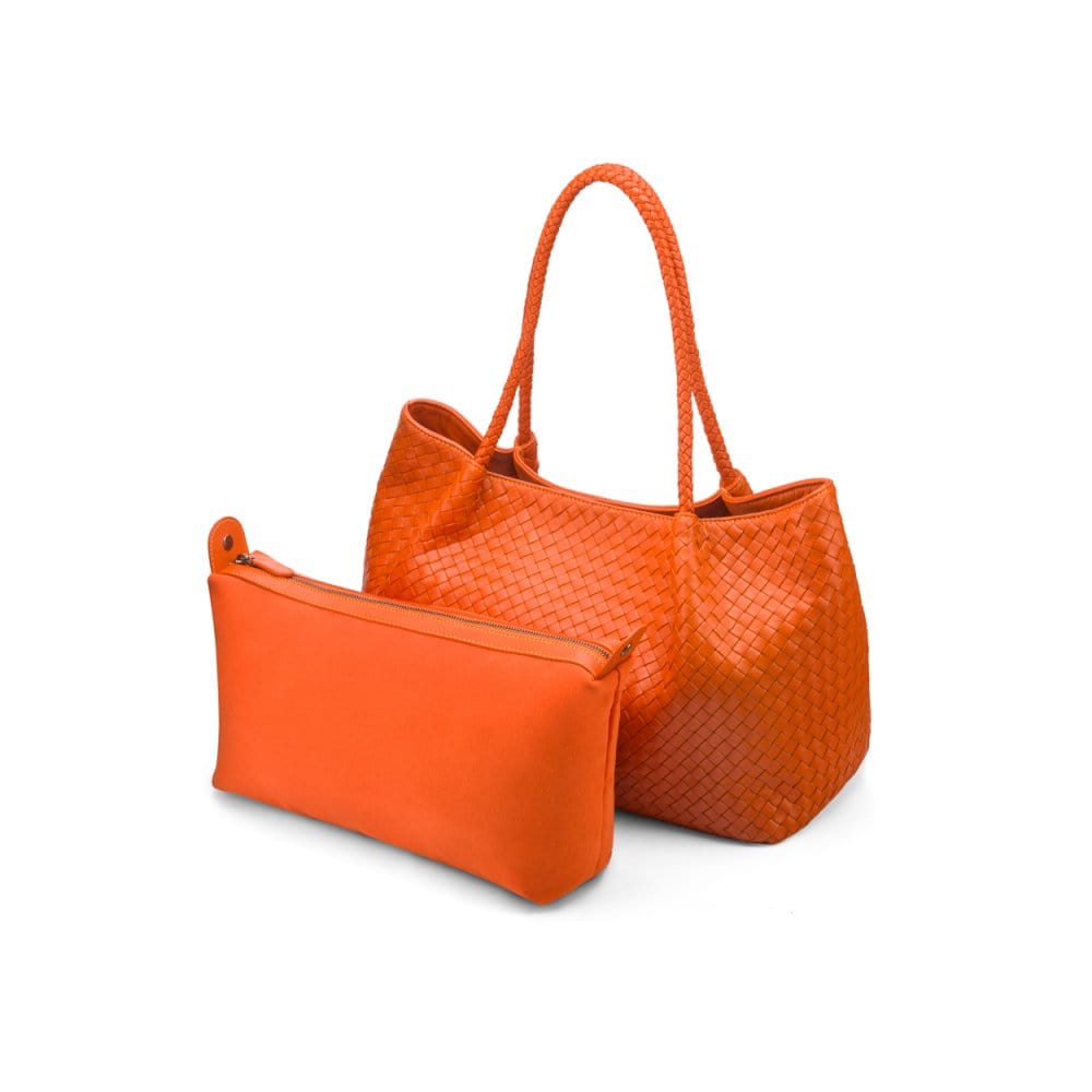 Woven leather slouchy bag, orange, with inner bag removed