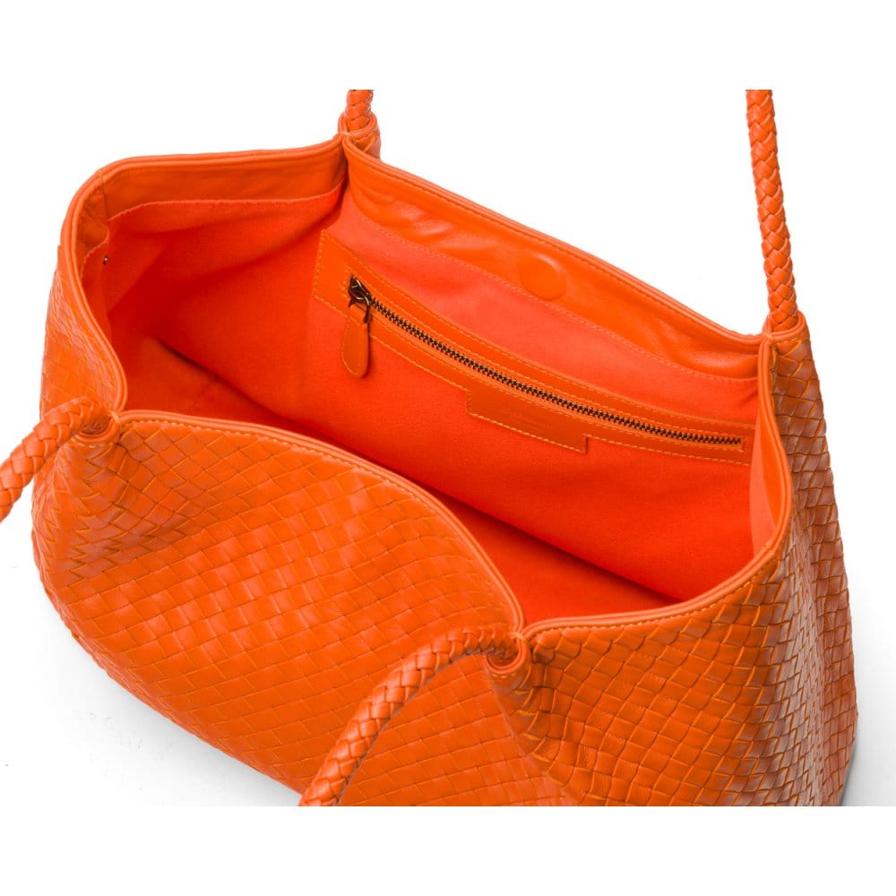 Woven leather slouchy bag, orange, without inner bag
