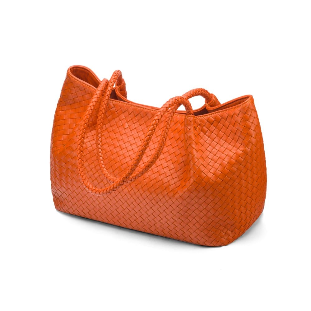 Woven leather slouchy bag, orange, side