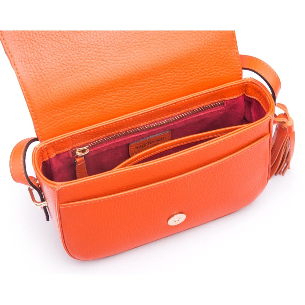 Leather saddle bag, orange, inside