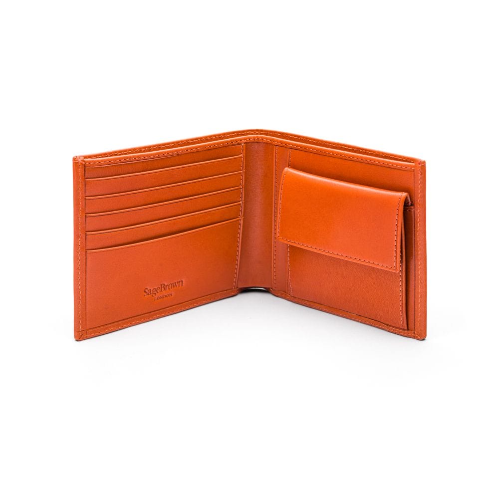 Leather wallet with coin purse, orange, open