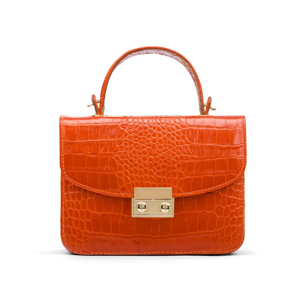 Small leather top handle bag, orange croc, front
