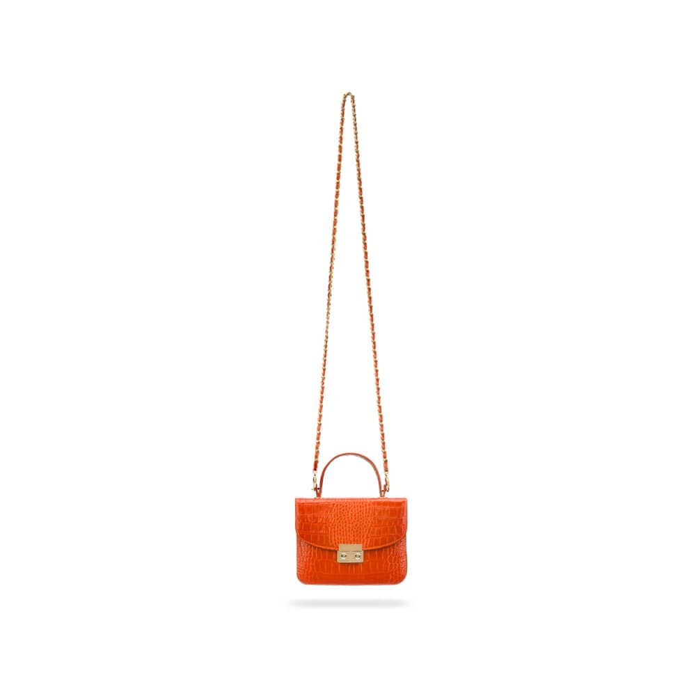 Small leather top handle bag, orange croc